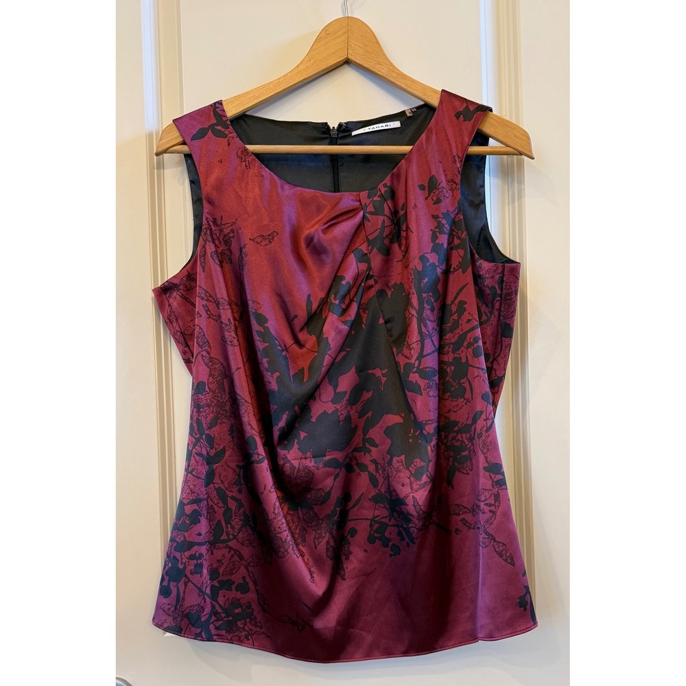 T Tahari Women's Burgundy Black Floral Draped Satin Sleeveless Blouse Size M